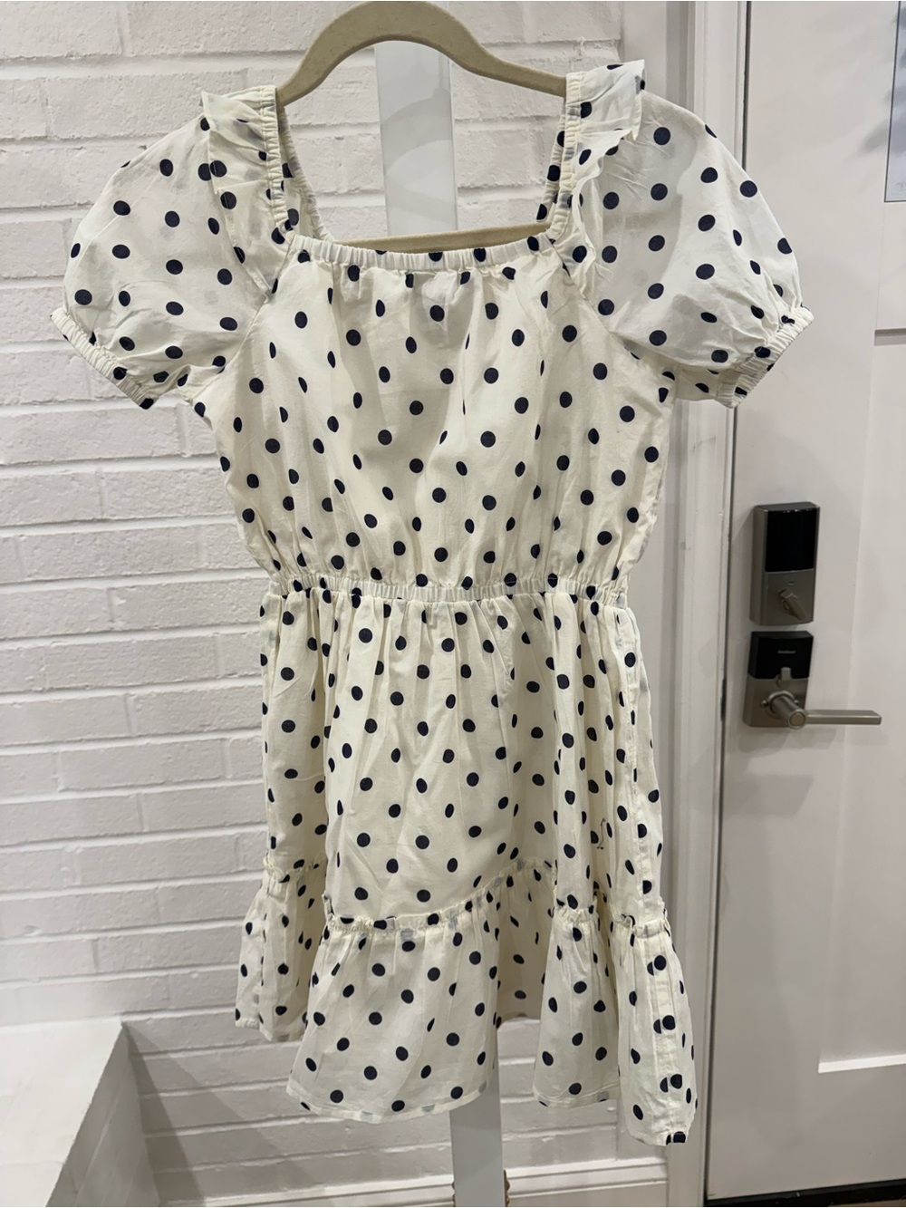 Crewcuts White Dress with Navy Polka Dots